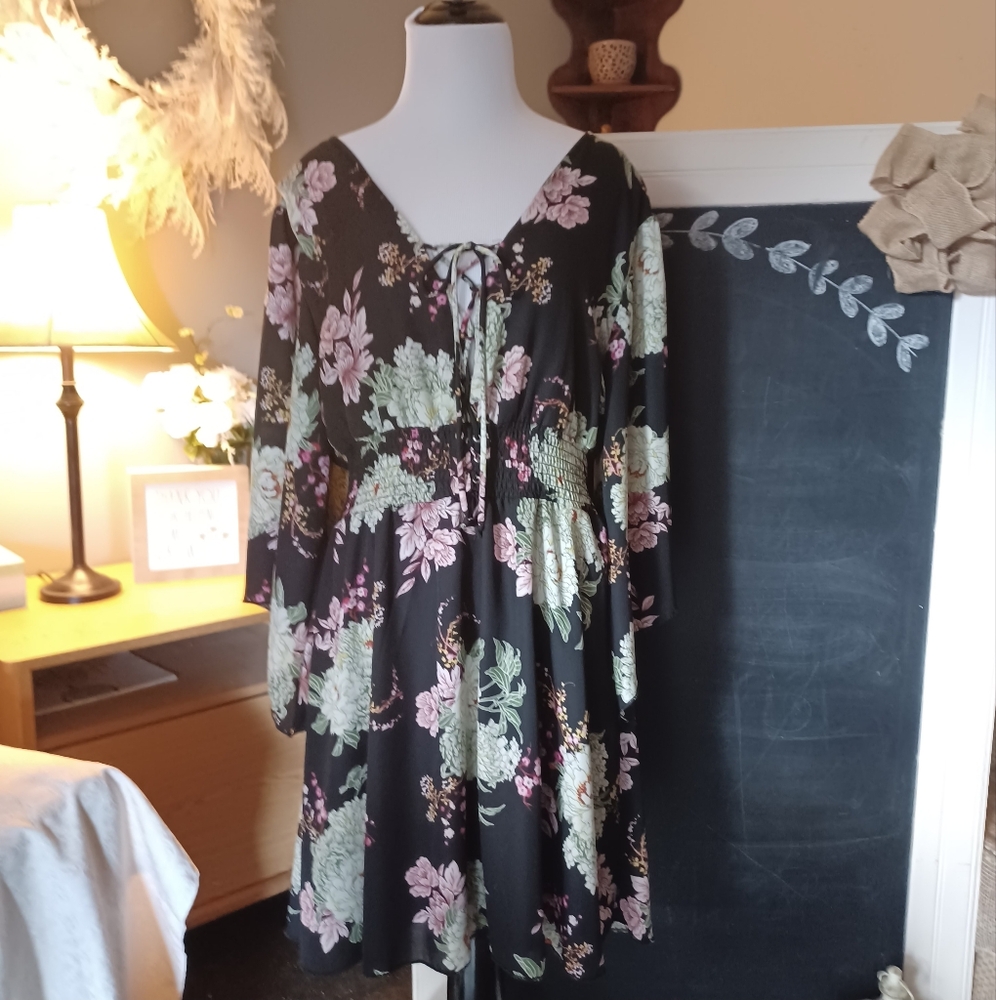 Ladies Large Maurice BoHo Floral Lace-up Dress Black Pink Green